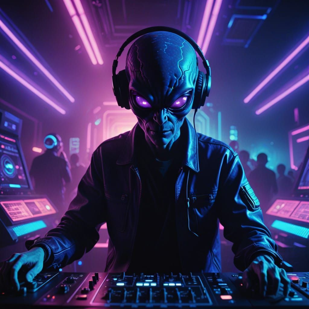 Alien DJ in Neon Noir Club Scene