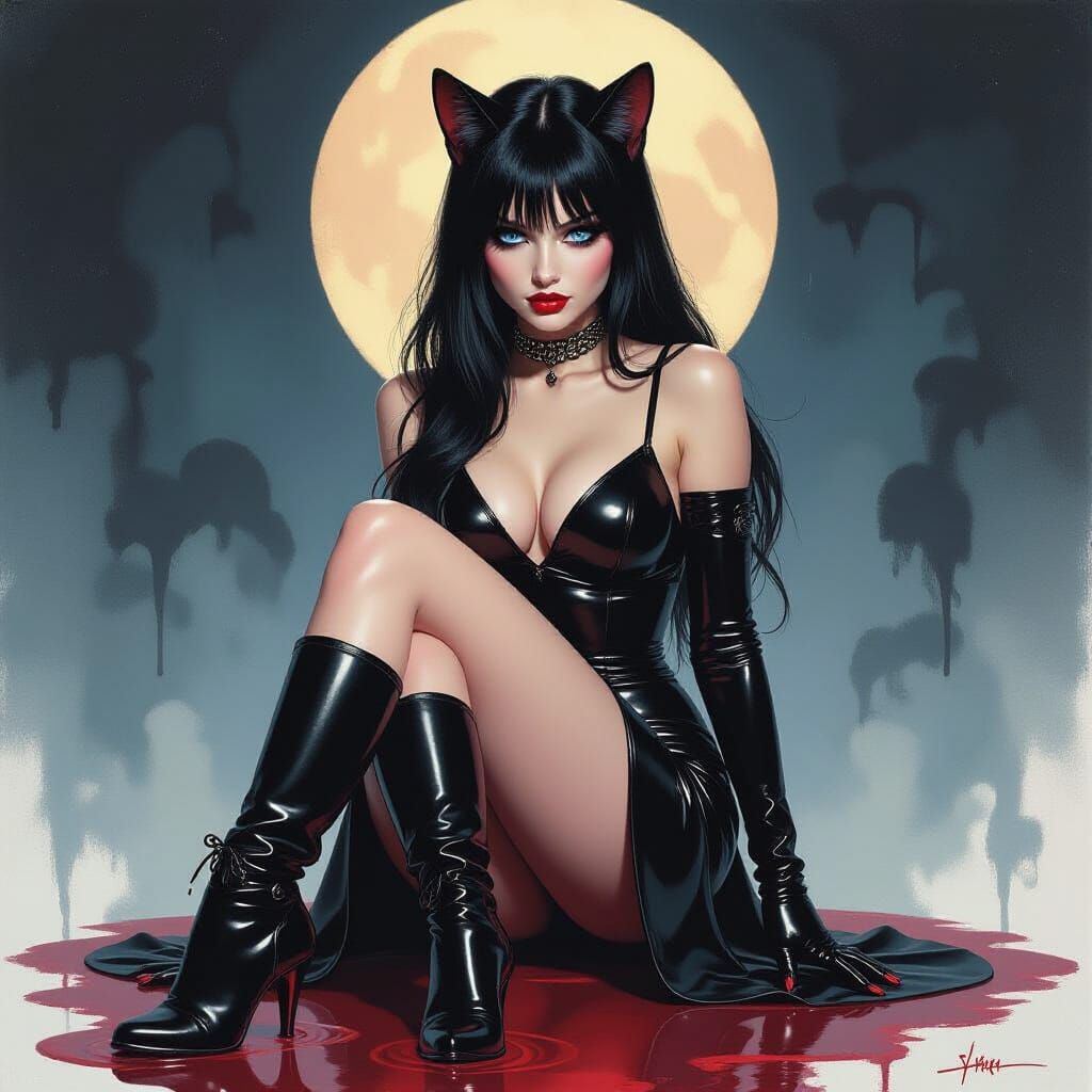 Gothic Cat Woman Portrait in Bloodmoon Glow