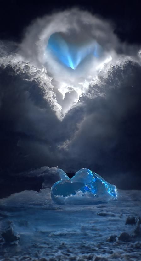 Icy Heart in Stormy Cloudscape, Ethereal Art