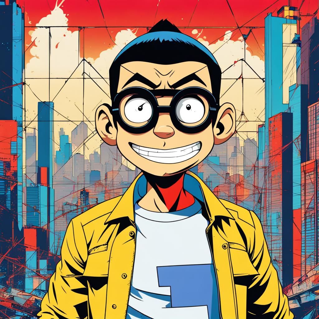 Muscular Nobita in Destroyed City: Pop Art Digital Illustrat...