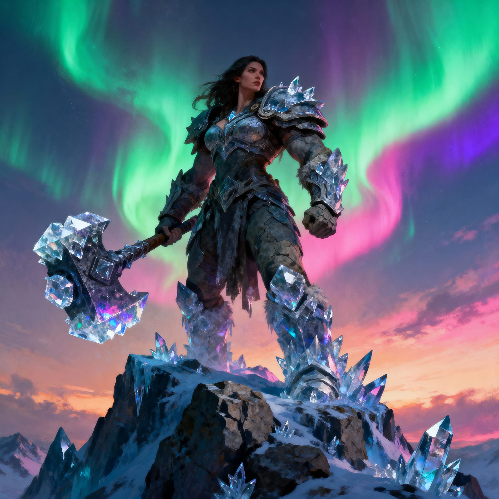 Warrior Woman with Ice Hammer Under Aurora