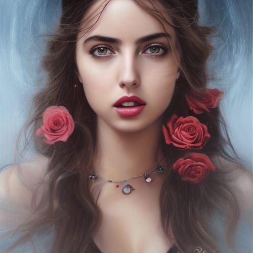 Beautiful Princess with Roses and Crown: Oil Painting