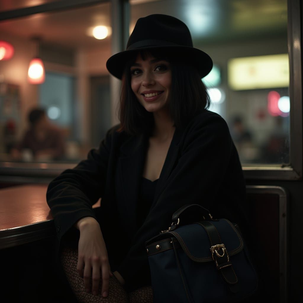 Teen in Bowler Hat Smiles in Dimly Lit Diner