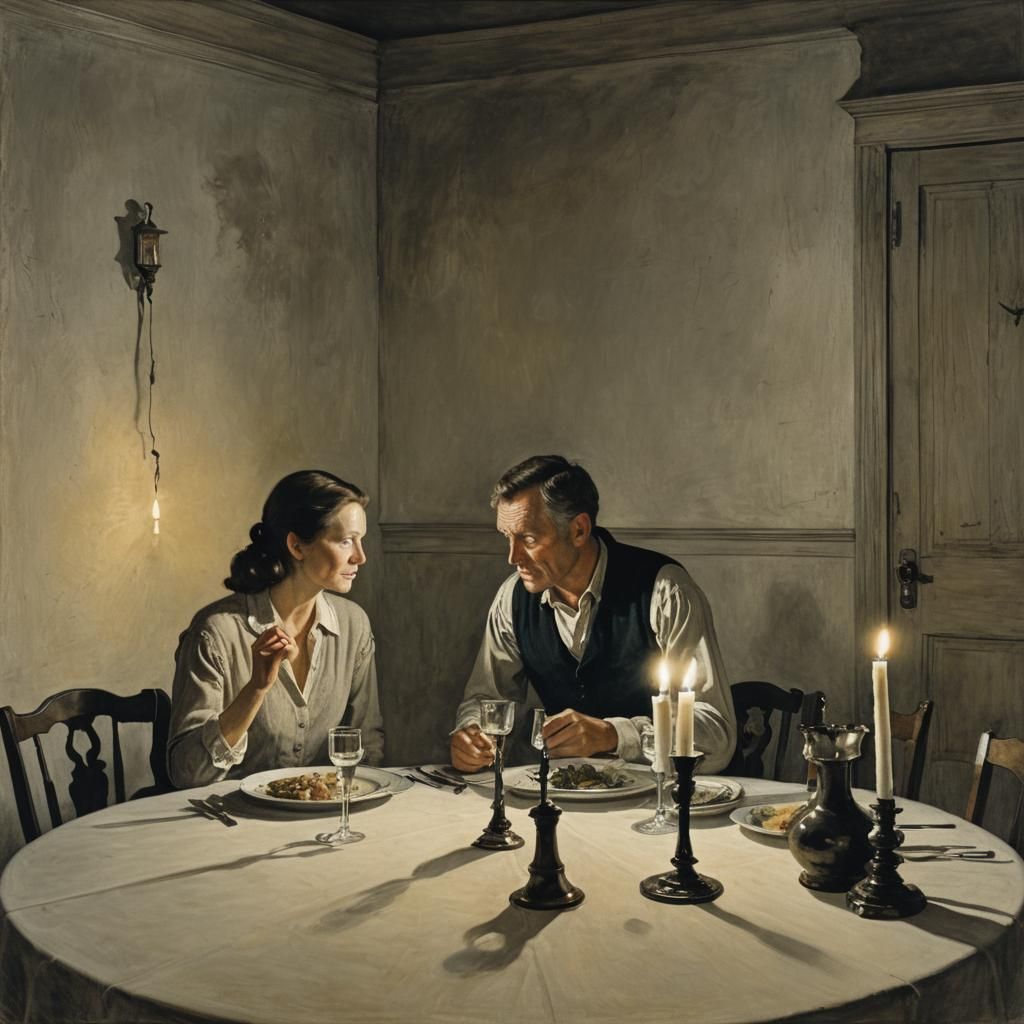 Intimate Couple at Dinner in American Realism Style