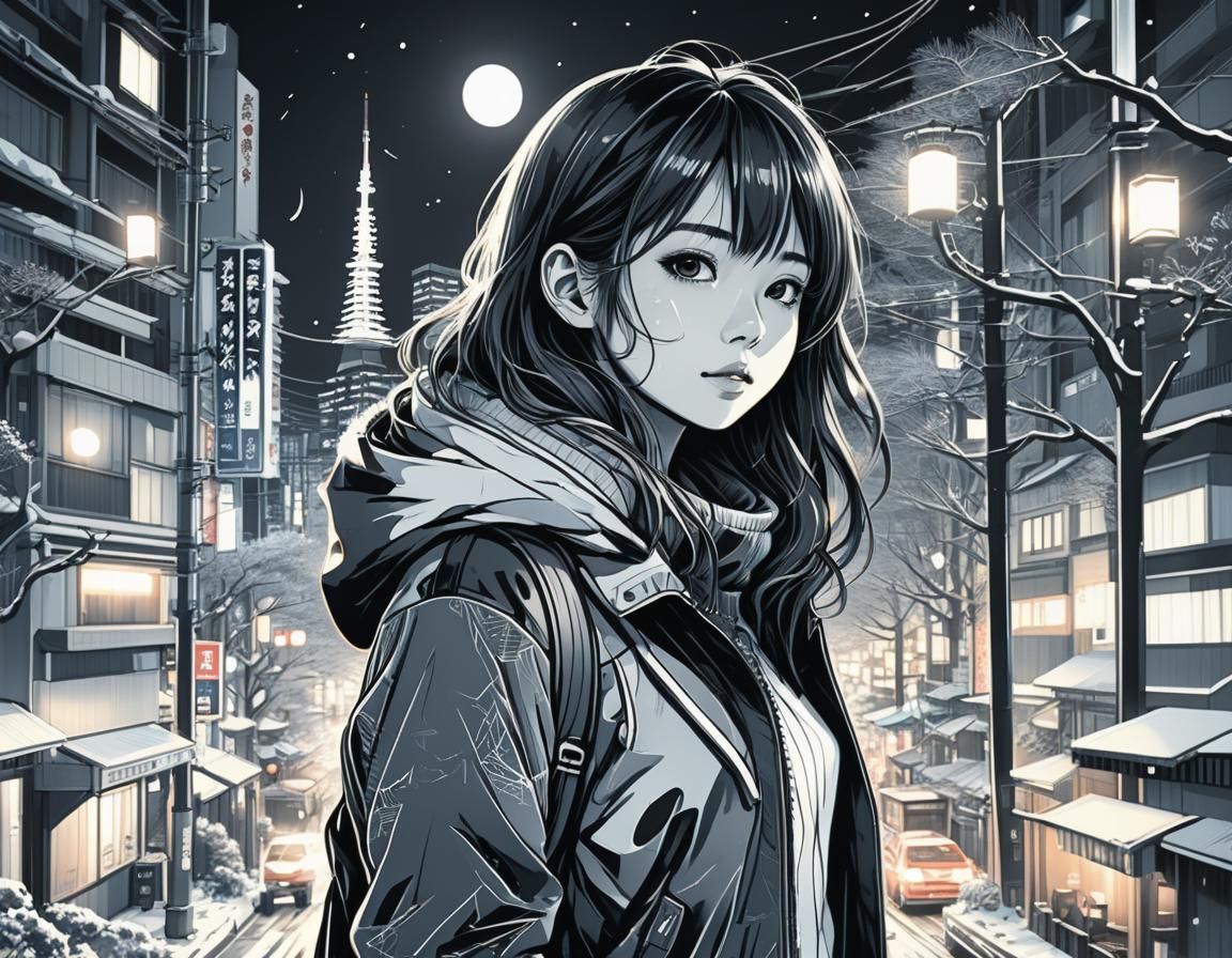 Girl in Monochromatic Winter Wonderland Line Art