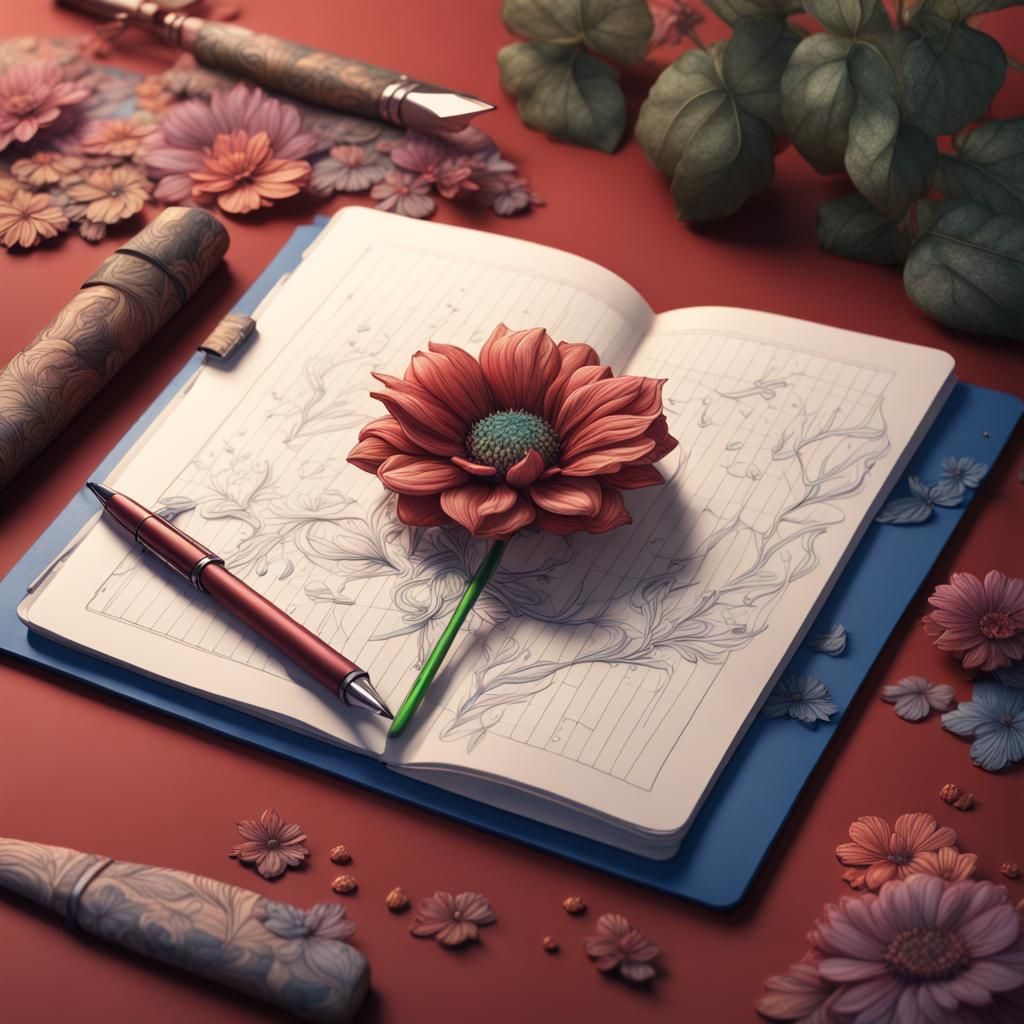 Notepad with Flower Line Art, Fantasy Concept