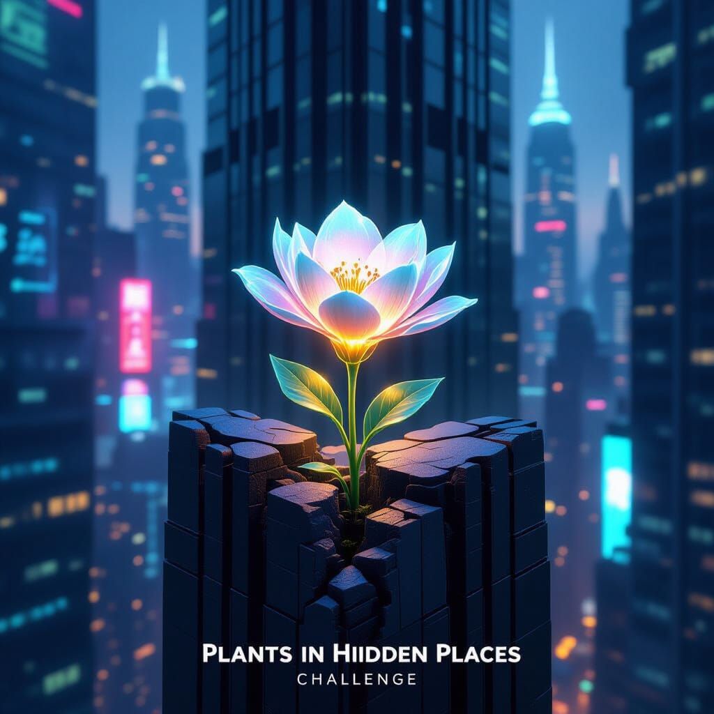 Bioluminescent Flower in Futuristic Cityscape, Hyperrealisti...