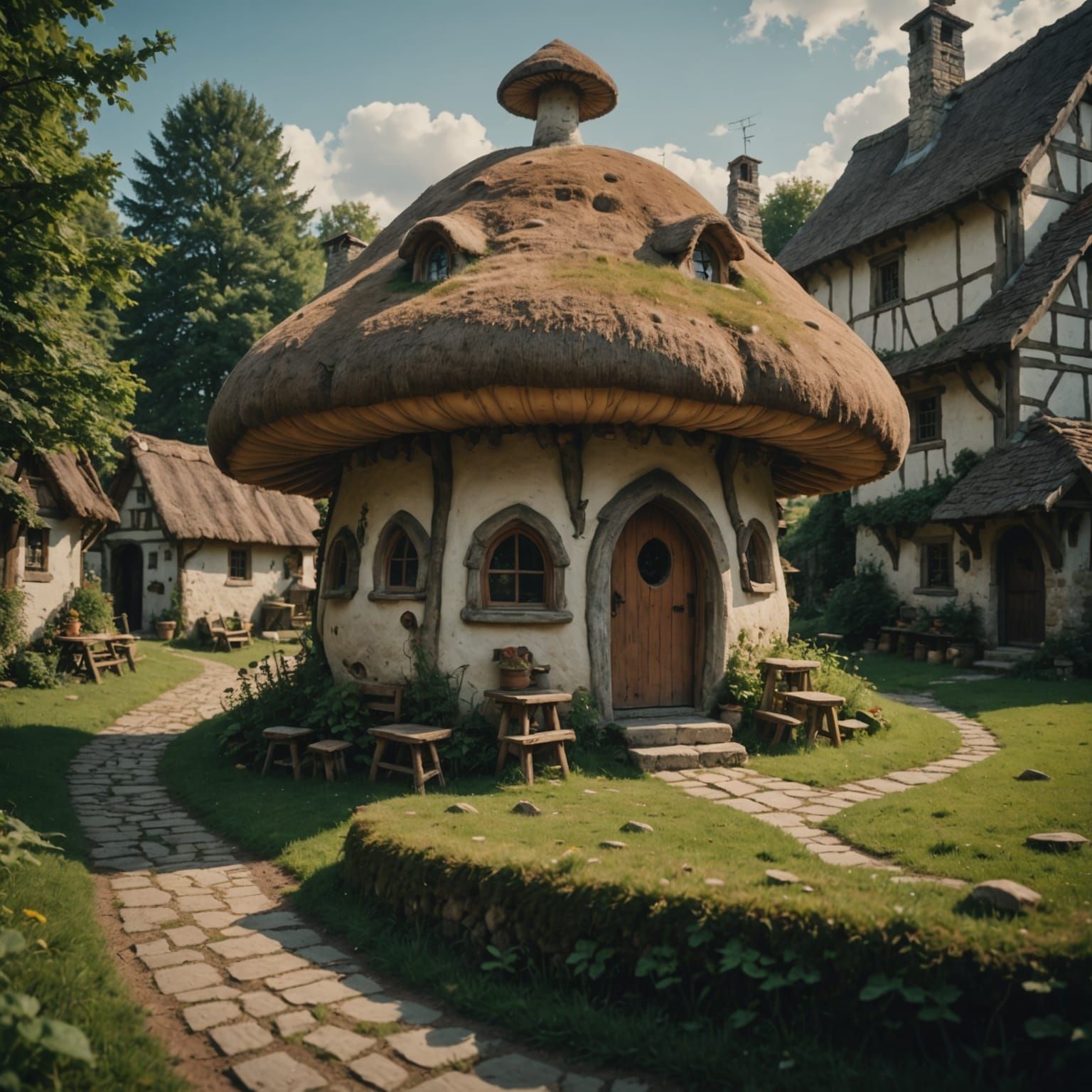 Mushroom House in Medieval Village: Cinematic Film Still