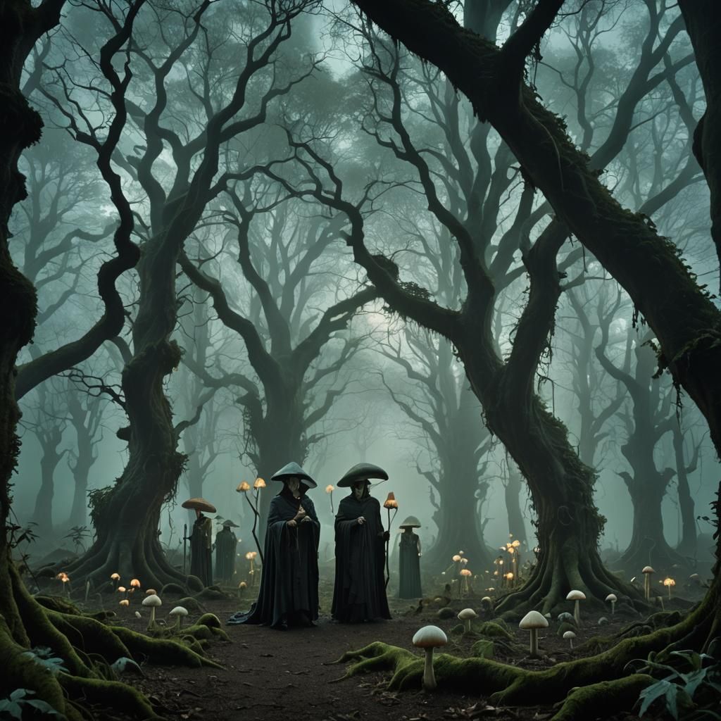 Eerie Mythical Creatures in Dark Fantasy Forest