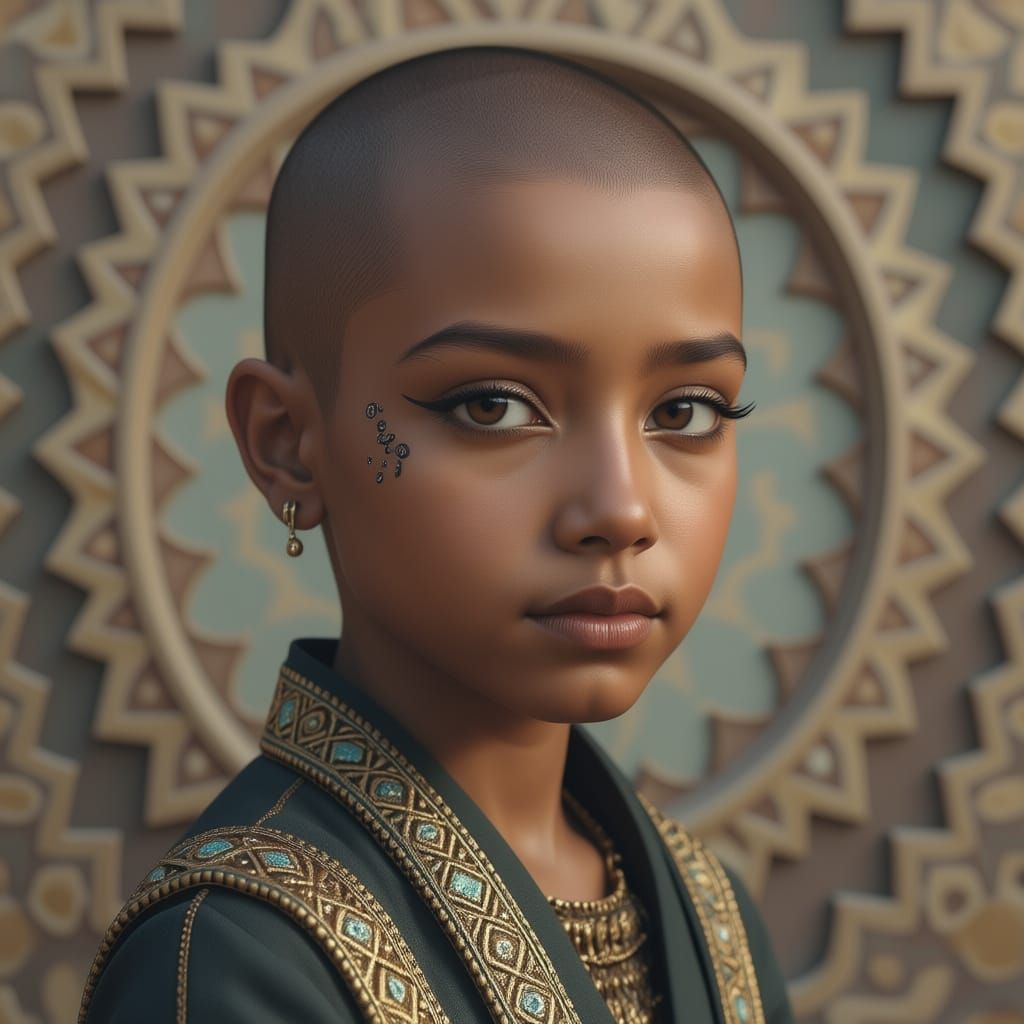 Hyperrealistic Egyptian Boy Portrait with Dark Eye Makeup