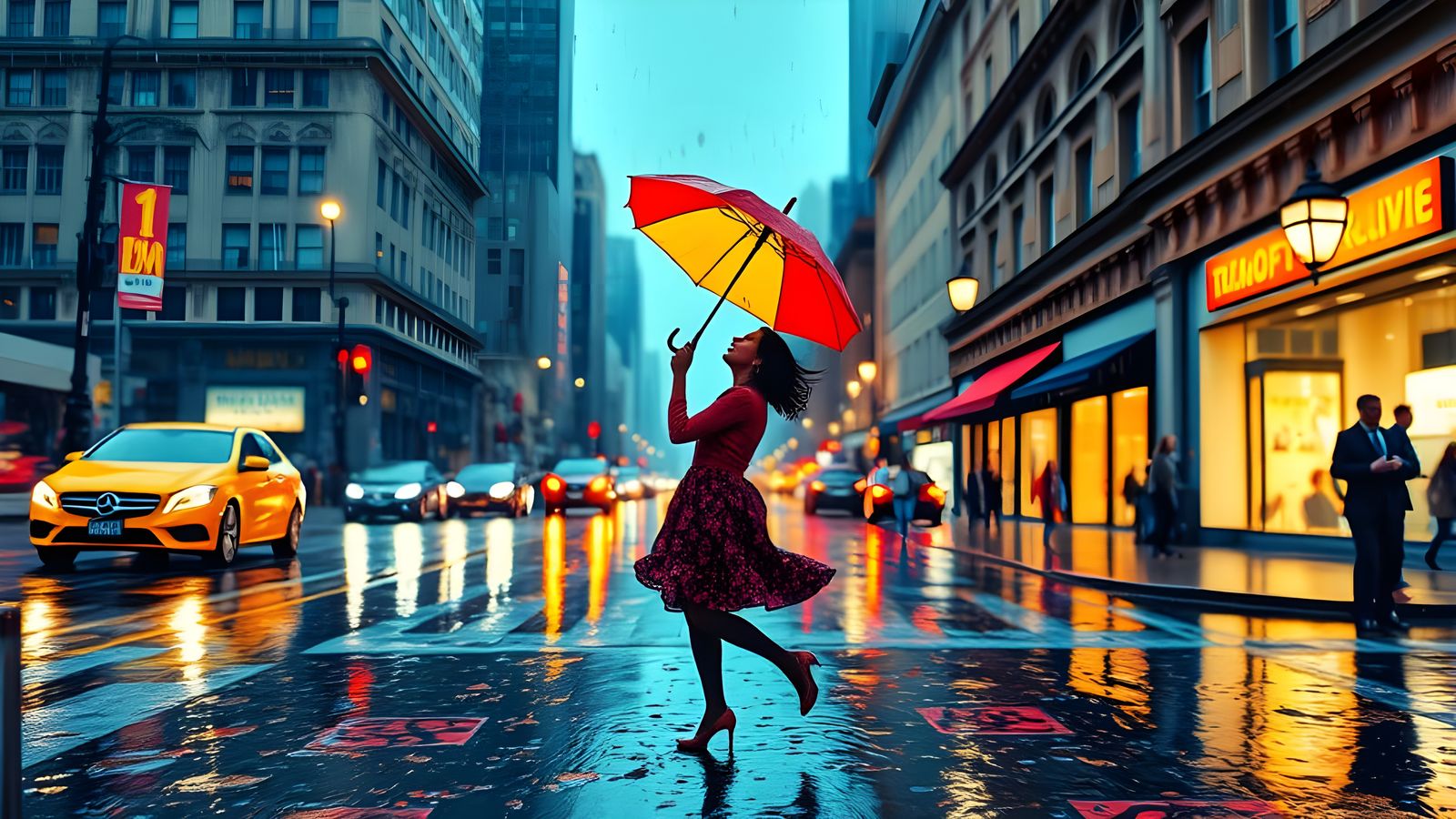 Twirling in the City Rain with Whimsical Joy