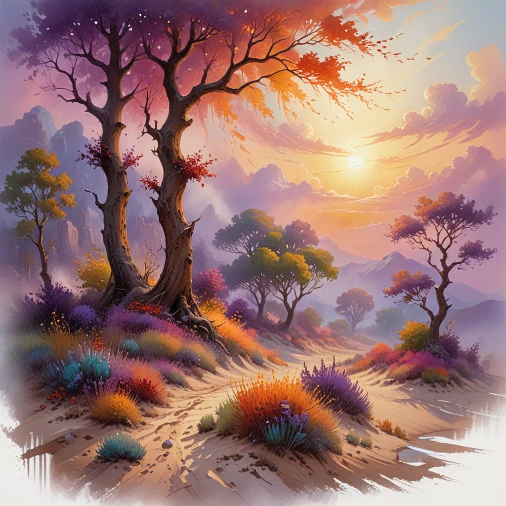 Epic Desert Sunset in Impressionist Gouache Style