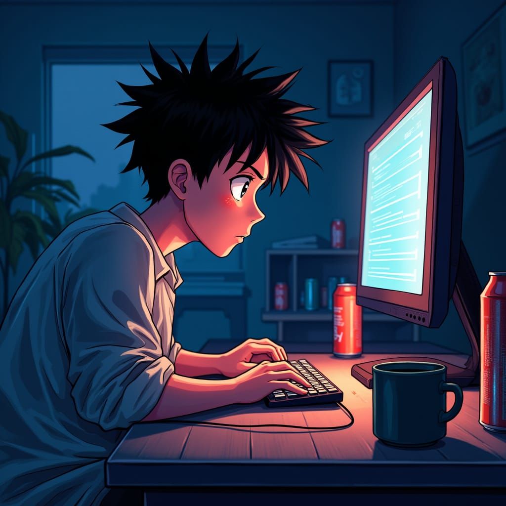 Determined Coder Focused on Glowing Screen in Anime Style