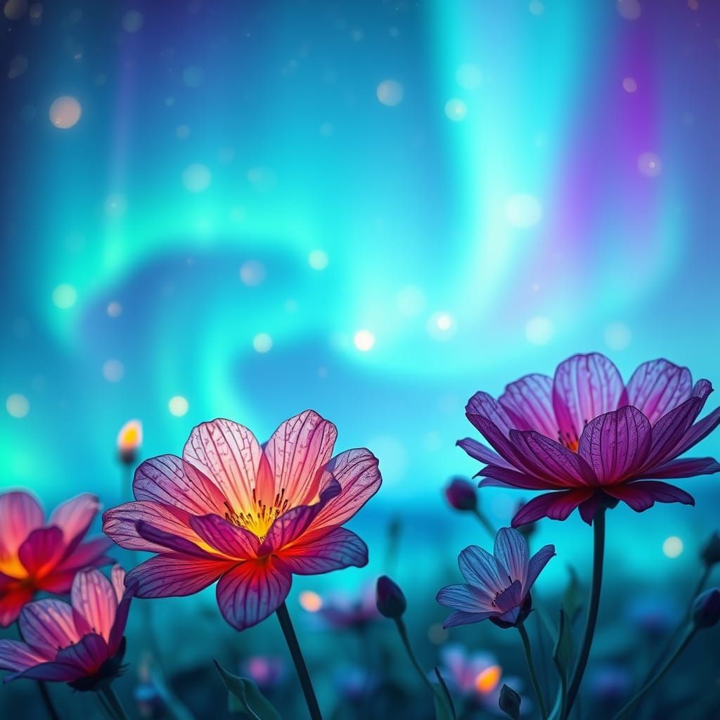 Dreamy Flowers Amidst Aurora Borealis in Hyper-Realistic Sty...
