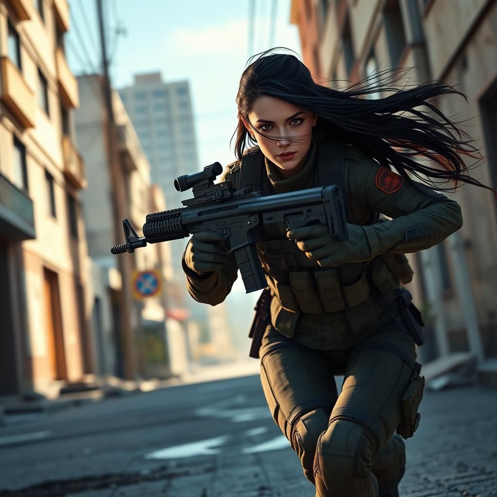 Tactical Soldier Sprinting Through City, Digital Art