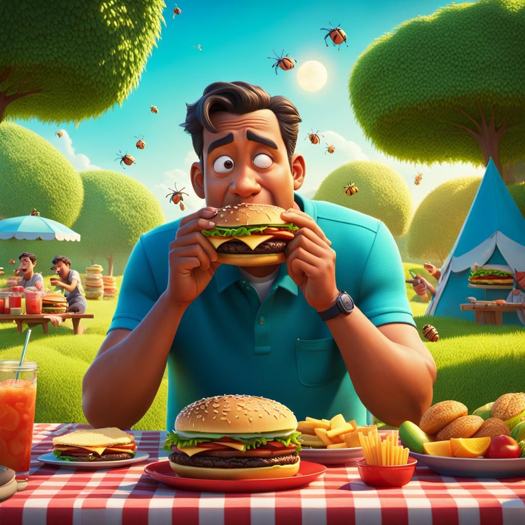 Unhappy Man's Buggy Picnic: Hyperrealistic Splash Art