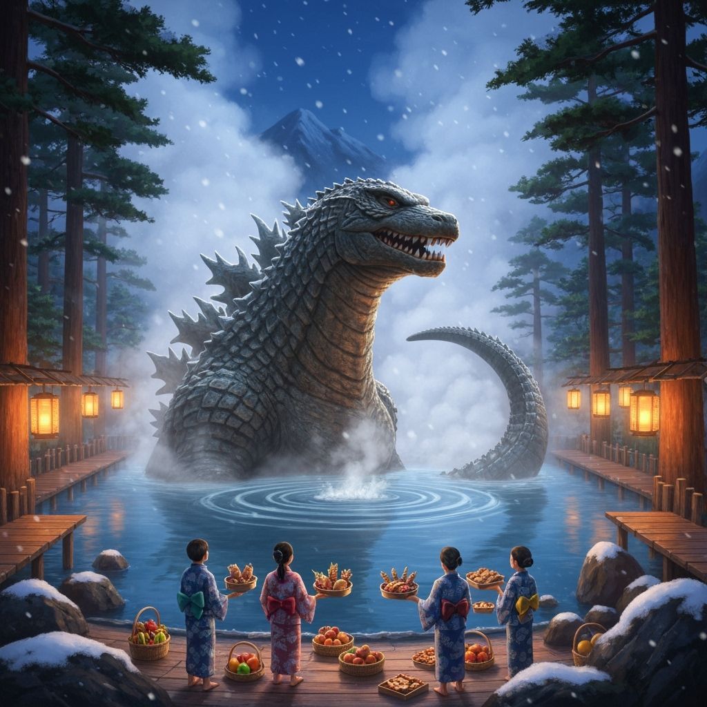 Giant Monster Relaxing in Mountain Hot Spring