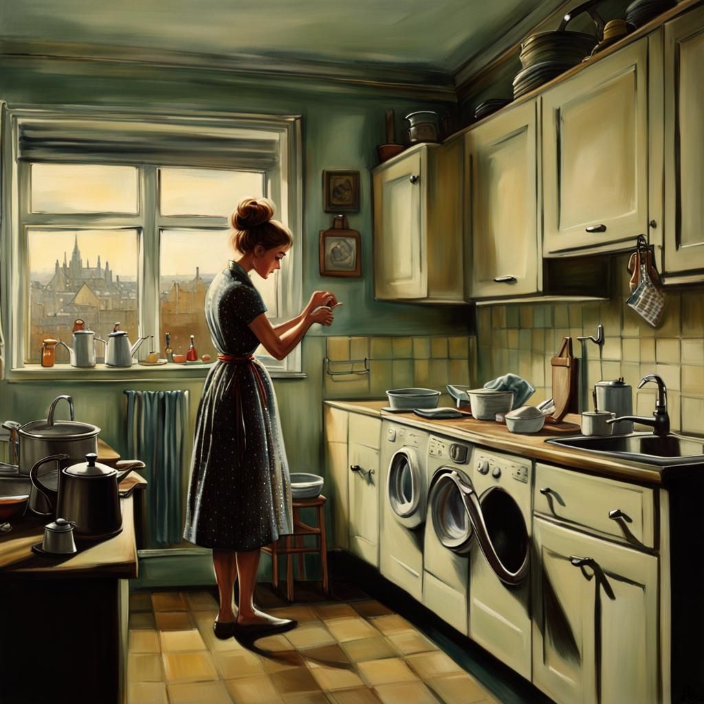 1960s Edinburgh Woman Hanging Washing: Digital Matte Paintin...