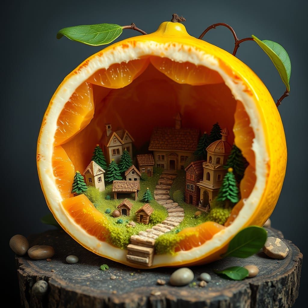 Miniature Village Inside a Grapefruit