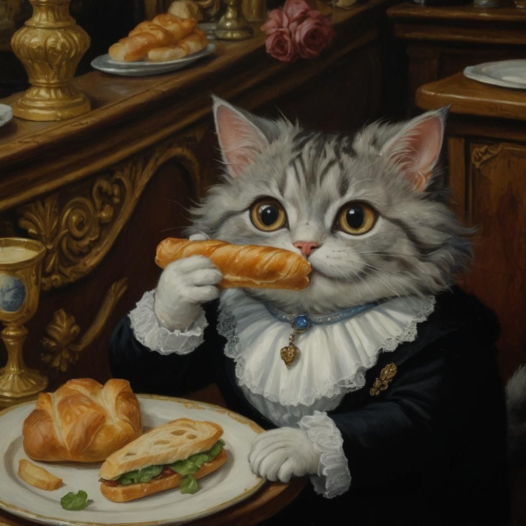 Victorian Cat Enjoying Baguette: Renaissance Oil Painting