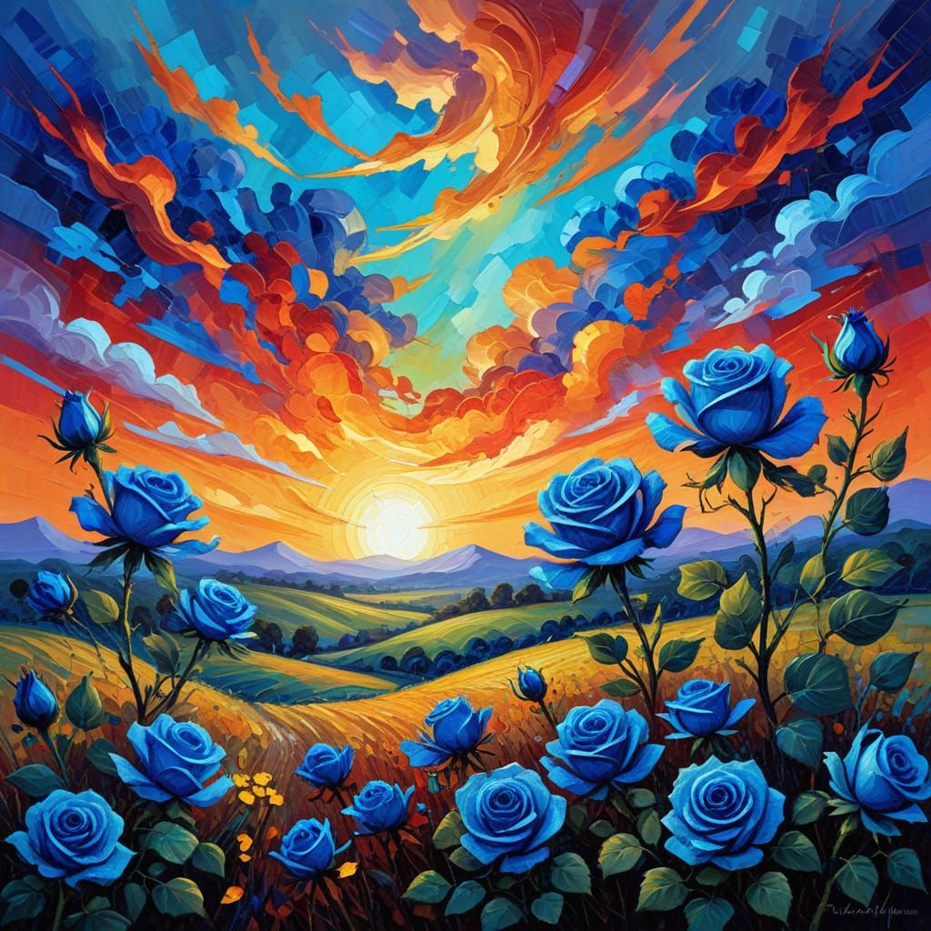 Neo-Impressionist Sunset Over Blue Rose Countryside