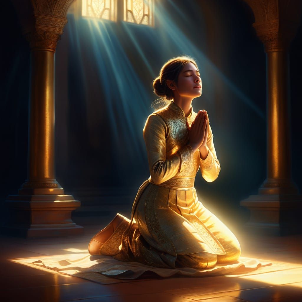 Woman Kneeling in Prayer with Golden Light