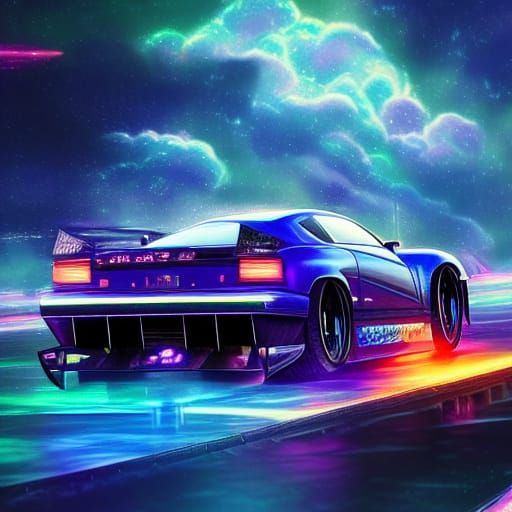 Racecar Galaxy Speeding Through Space in Synthwave Style