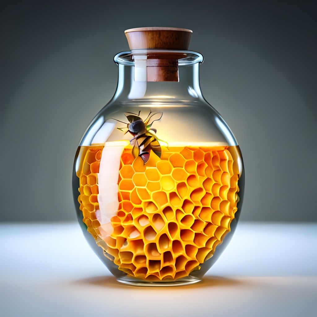 Honeycomb and Bees in Translucent Glass Bottle