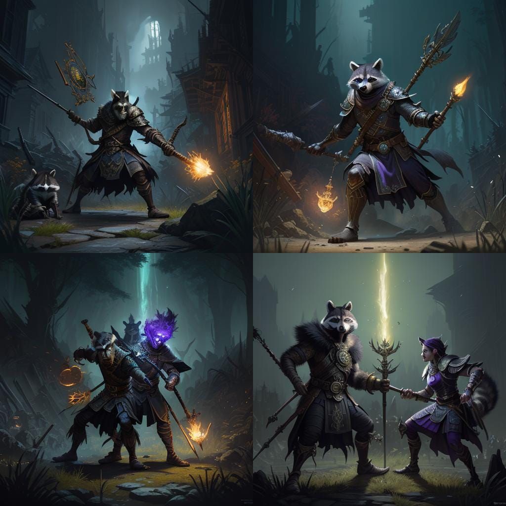 Raccoon Mage vs. Badger Warrior in Dark Fantasy
