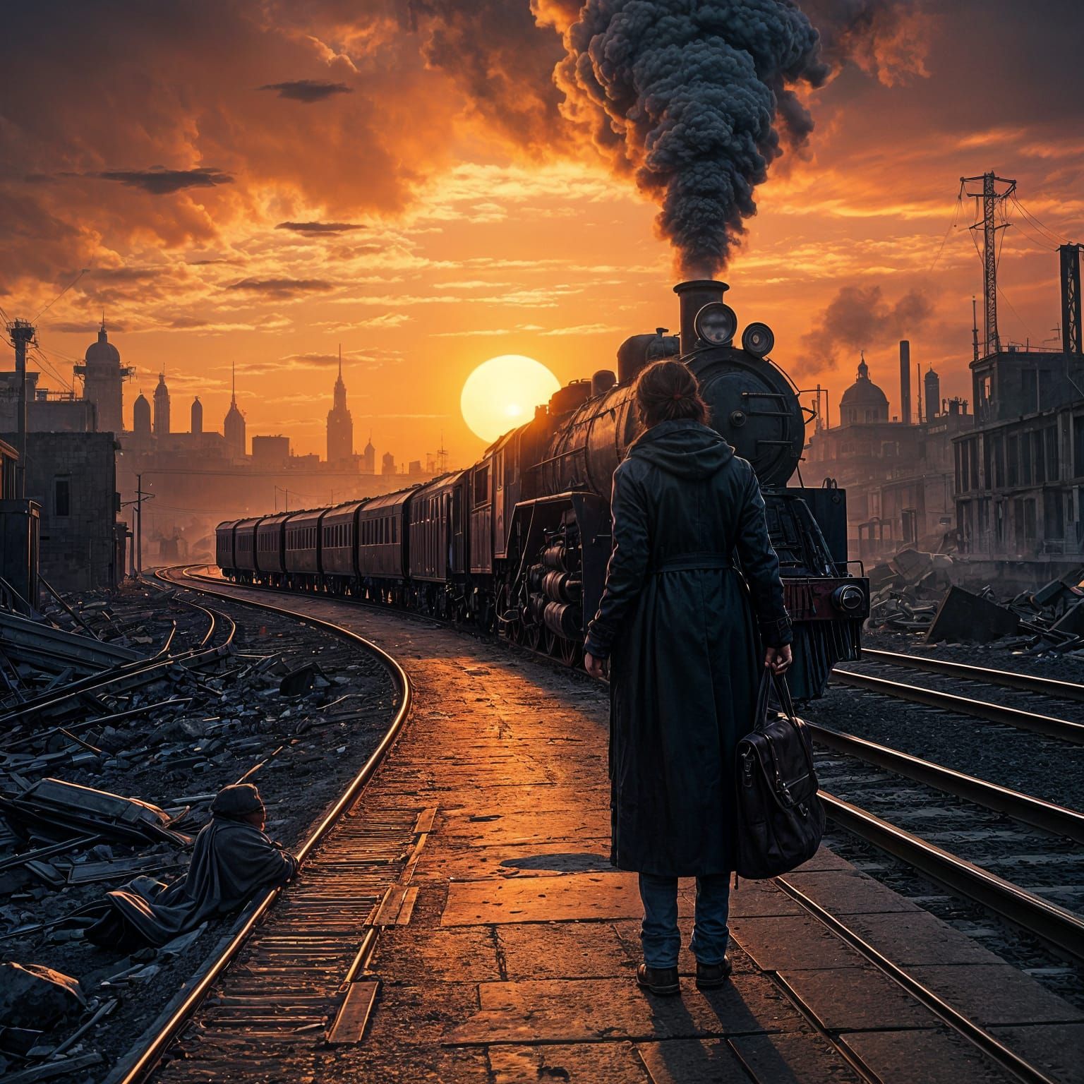 Last Train from Ruined City at Sunset