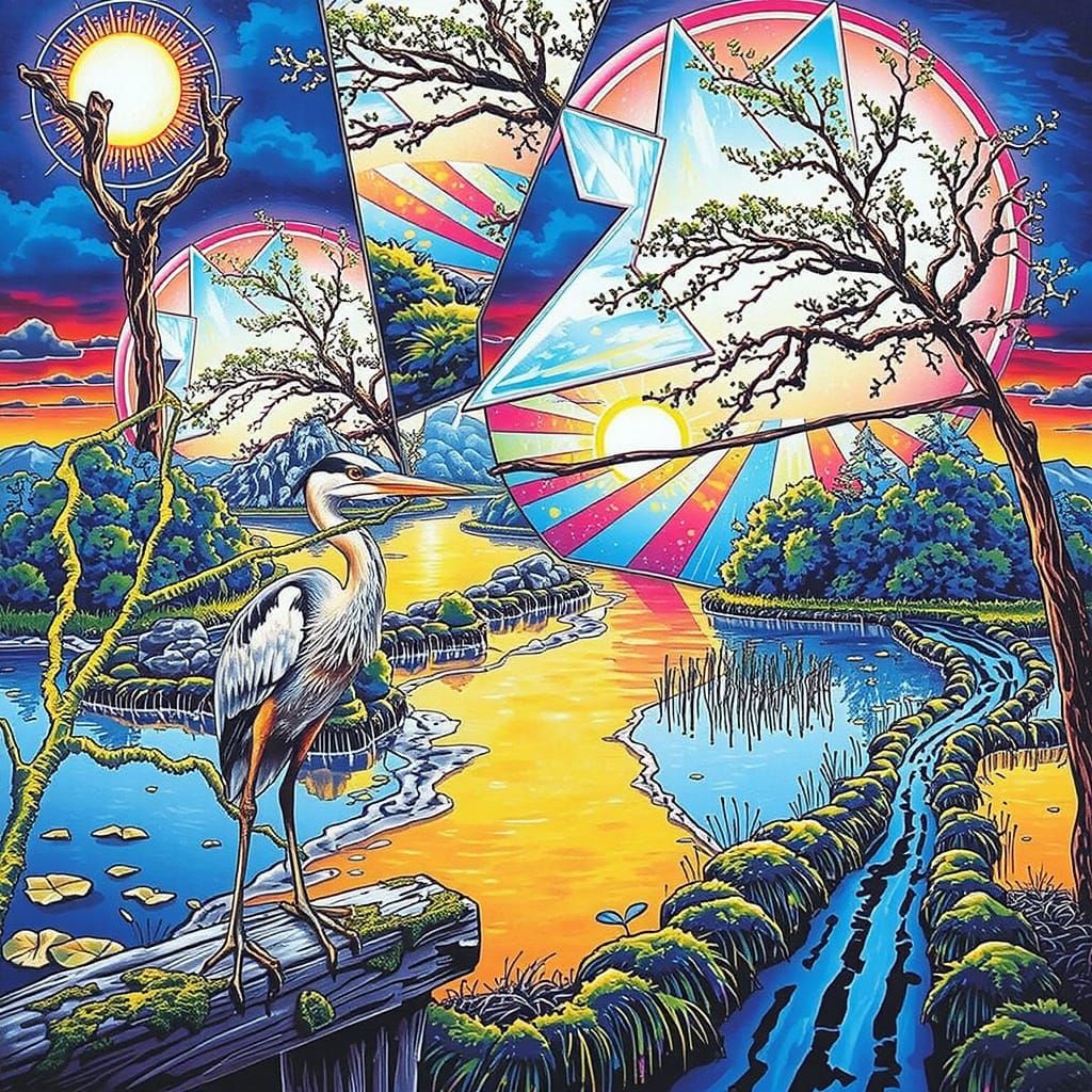 Dreamlike River Delta at Sunset With Heron