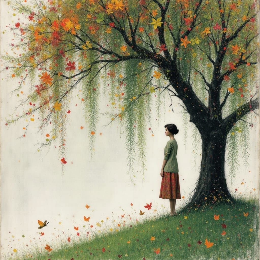 Lady Under Weeping Willow in Mixed Media