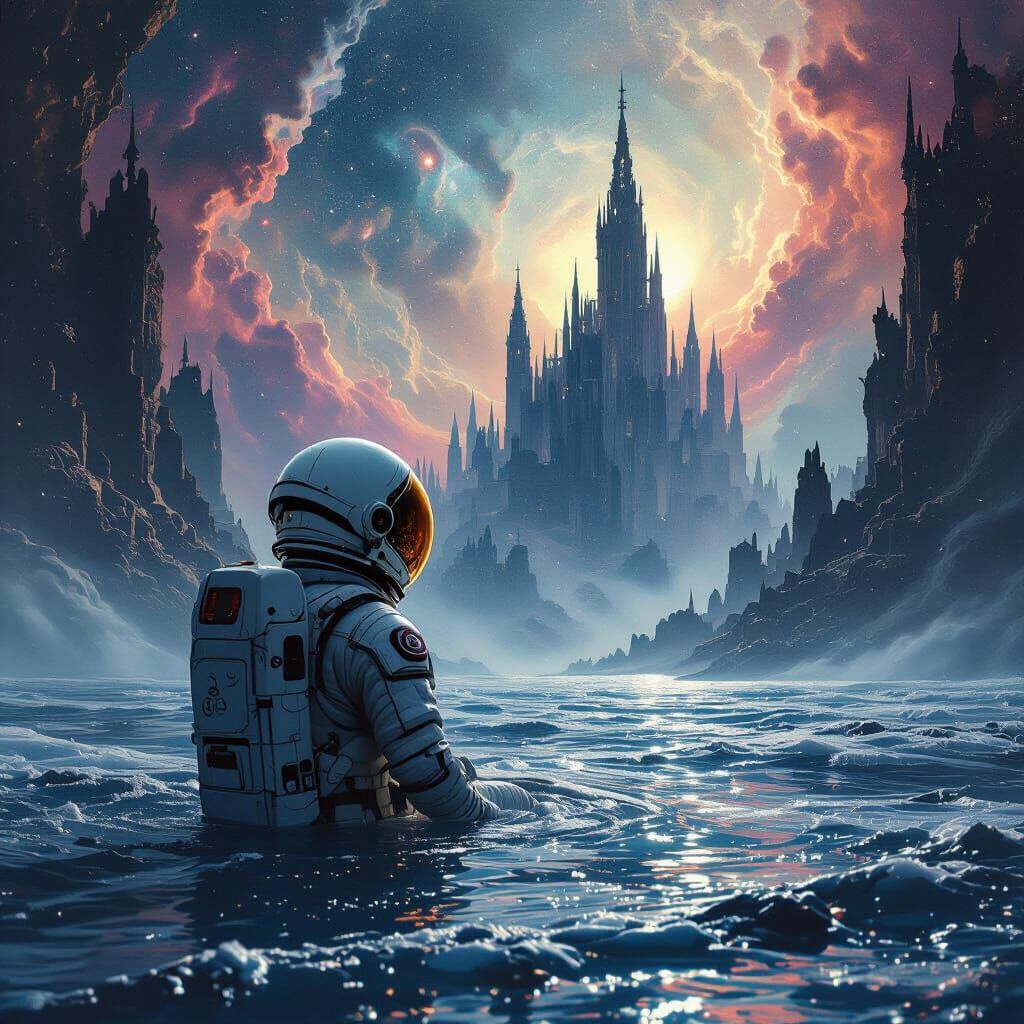 Astronaut Adrift in Cosmic Ocean, Gothic City Reflection