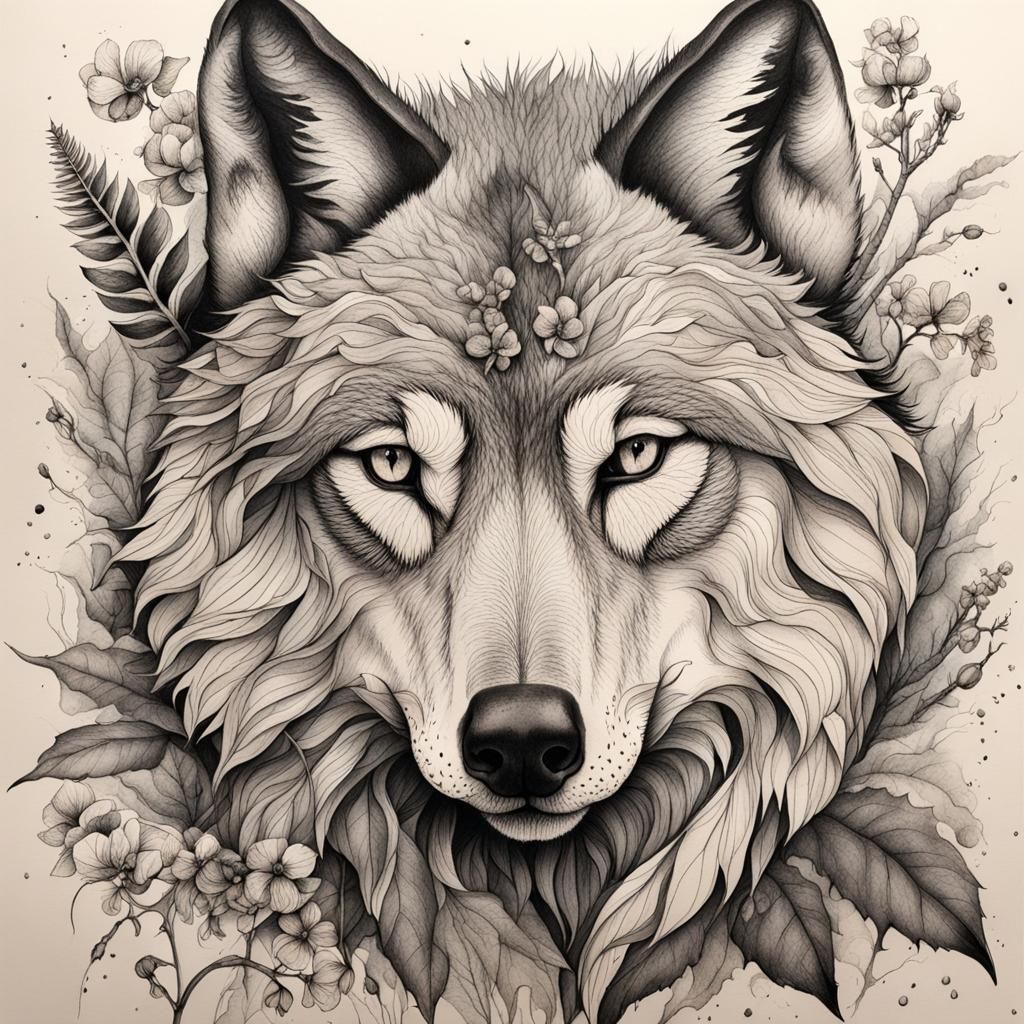 Botanical Ink beautiful wolf