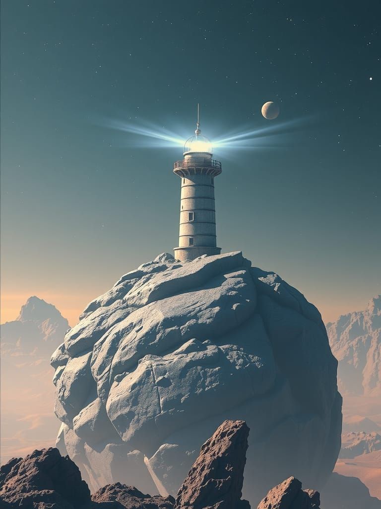 Futuristic Sci-Fi Lighthouse on Asteroid in 8K