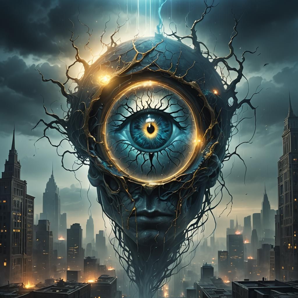 Glass Brain Dark Fantasy Illustration in Misty Cityscape