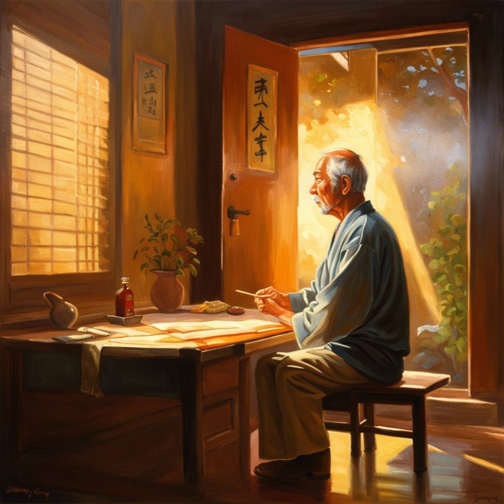 Oil Painting of a Man Kneeling at Table