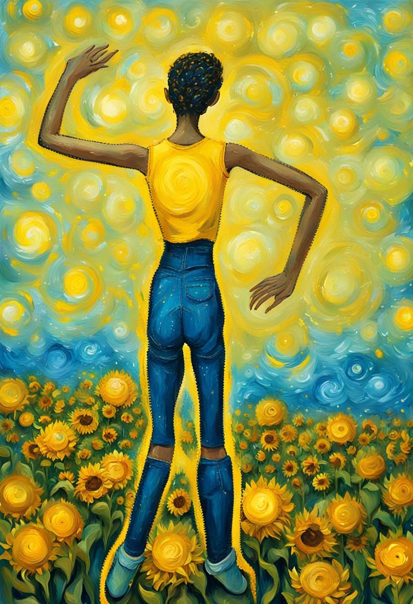 Girl Jumps Over Sunflowers in Impasto Painting