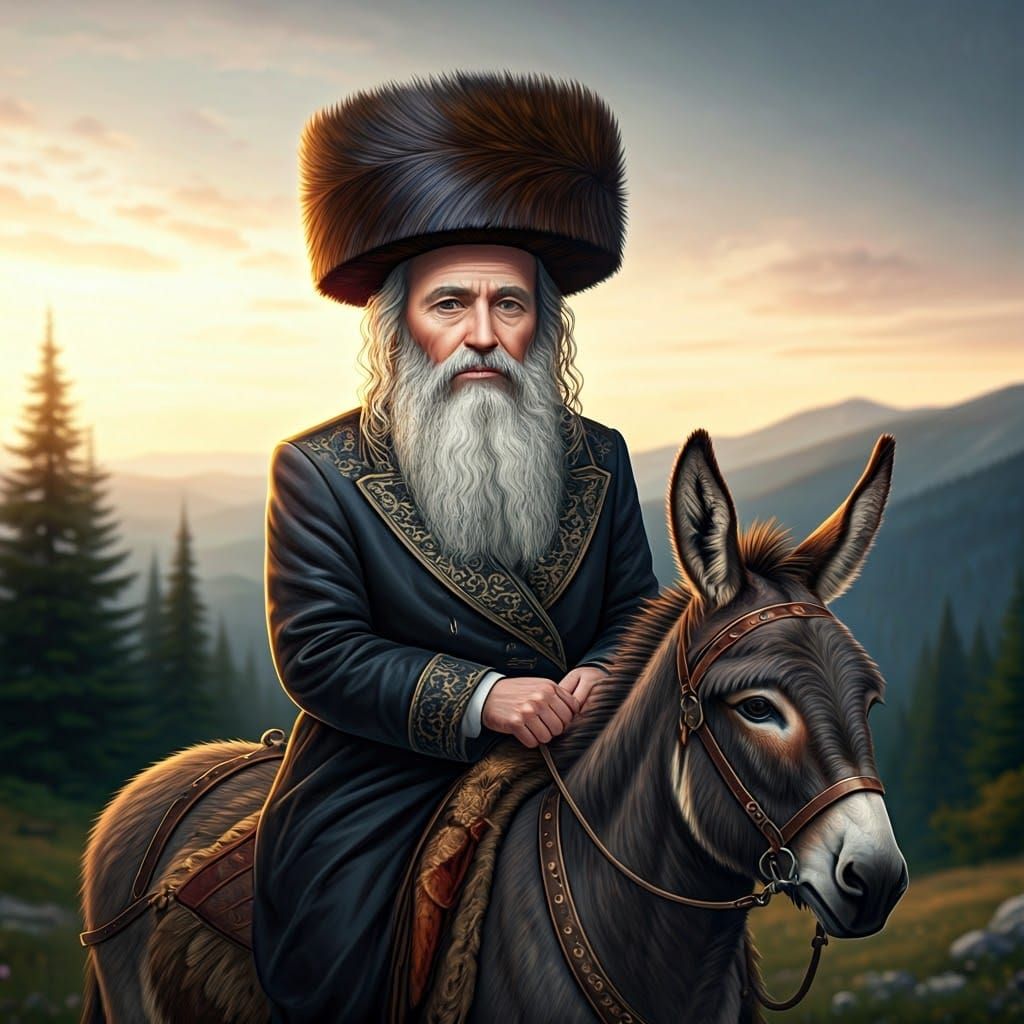Regal Hasidic Rabbi Rides Majestic Donkey in Carpathian Moun...