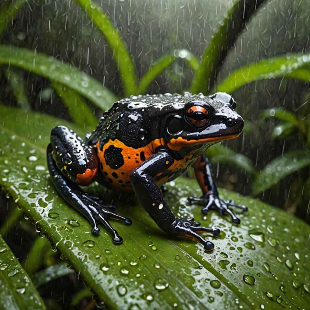 Mimic Poison Frog in Rainforest Downpour
