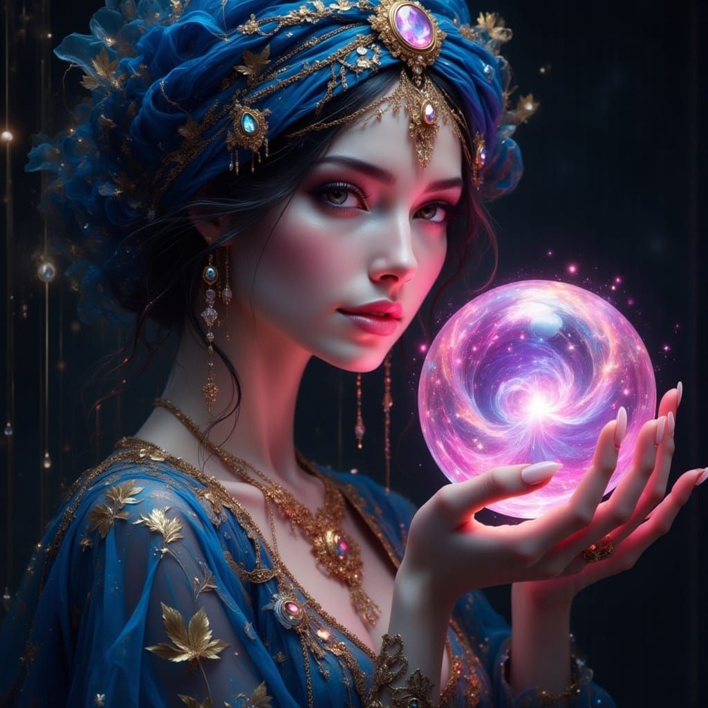 Mystical Woman Holds Cosmic Orb in Fantasy Portrait