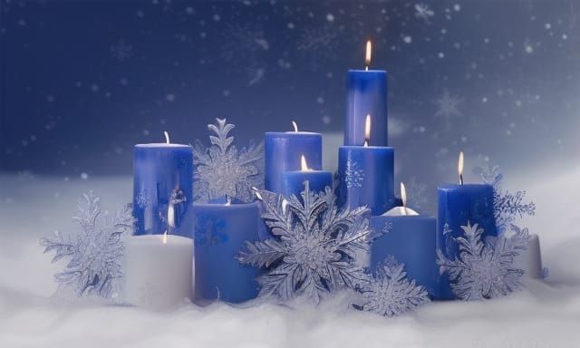 Elegant Blue and White Christmas Candles in Luminism Style
