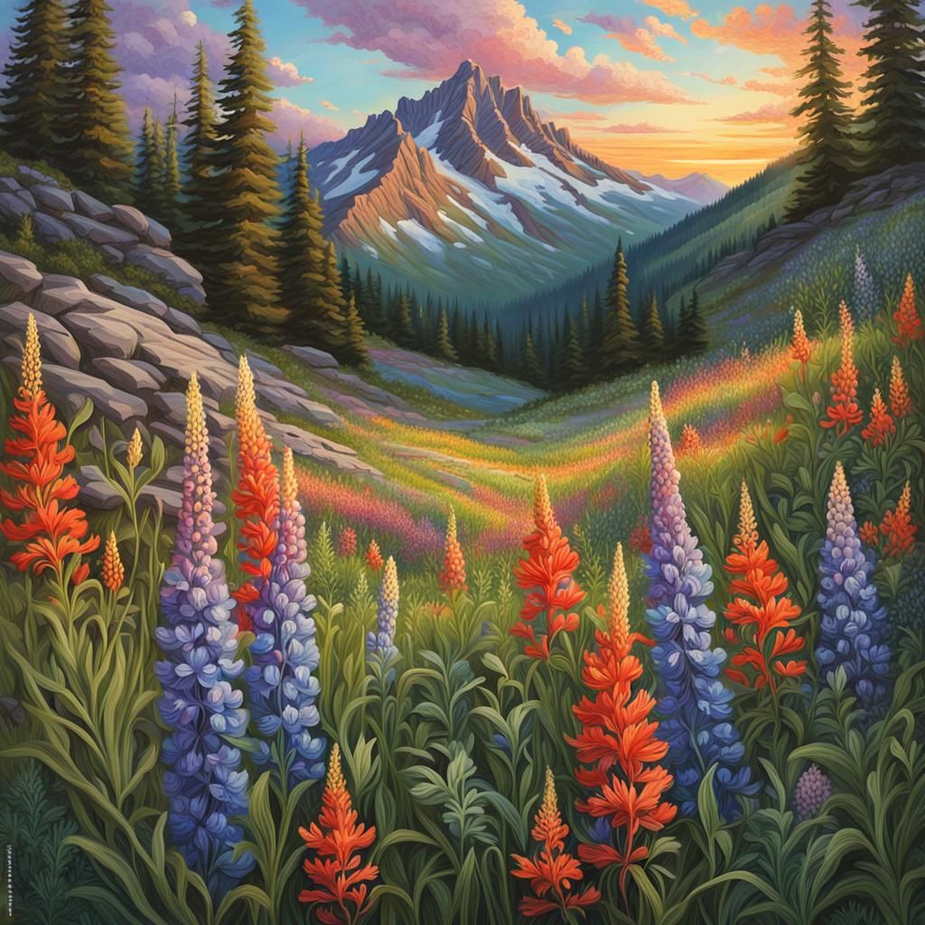 Hyperrealistic Meadow Splash Art with Wildflowers