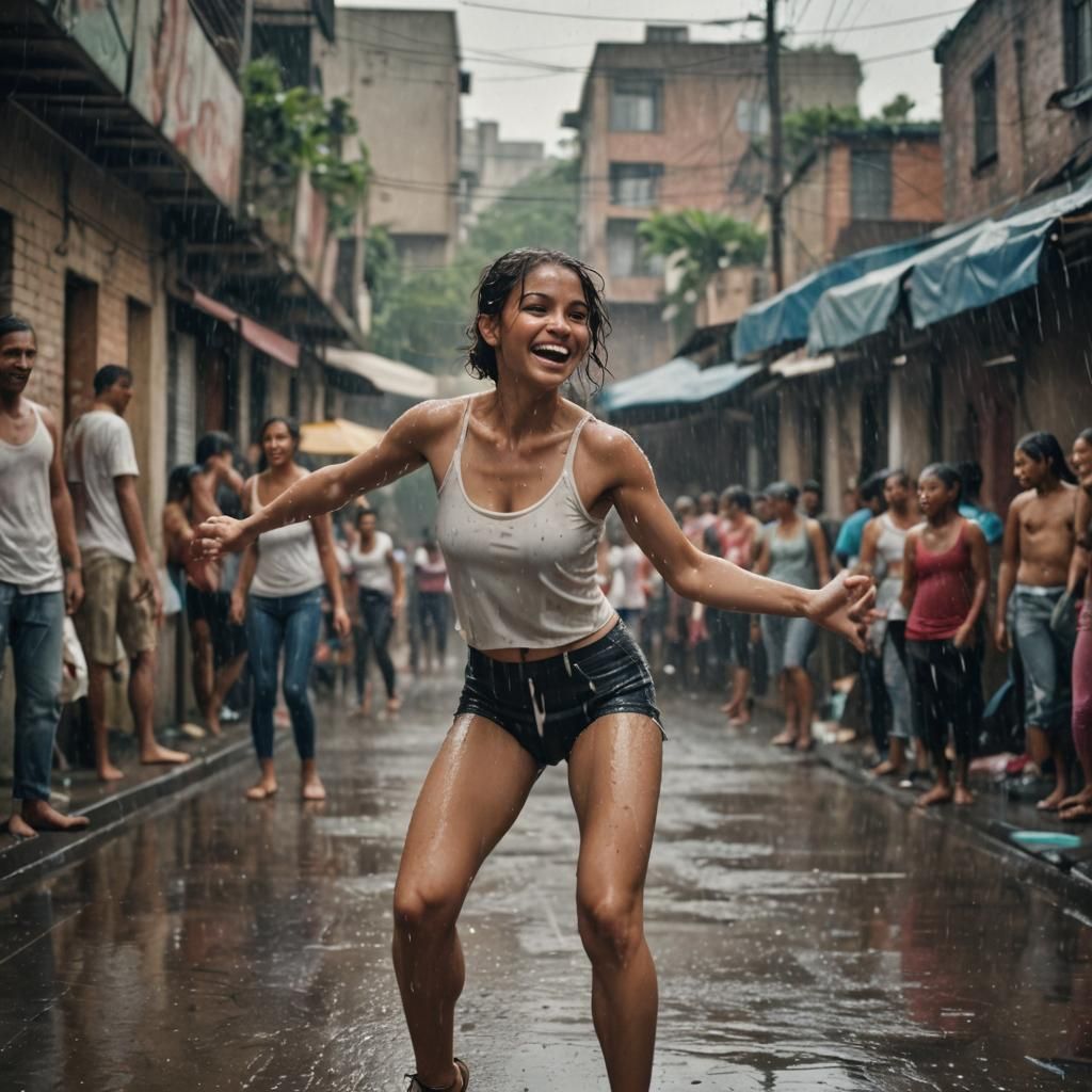 Latino Ballet Dancer in Rainy Slums: Cinematic Film Still