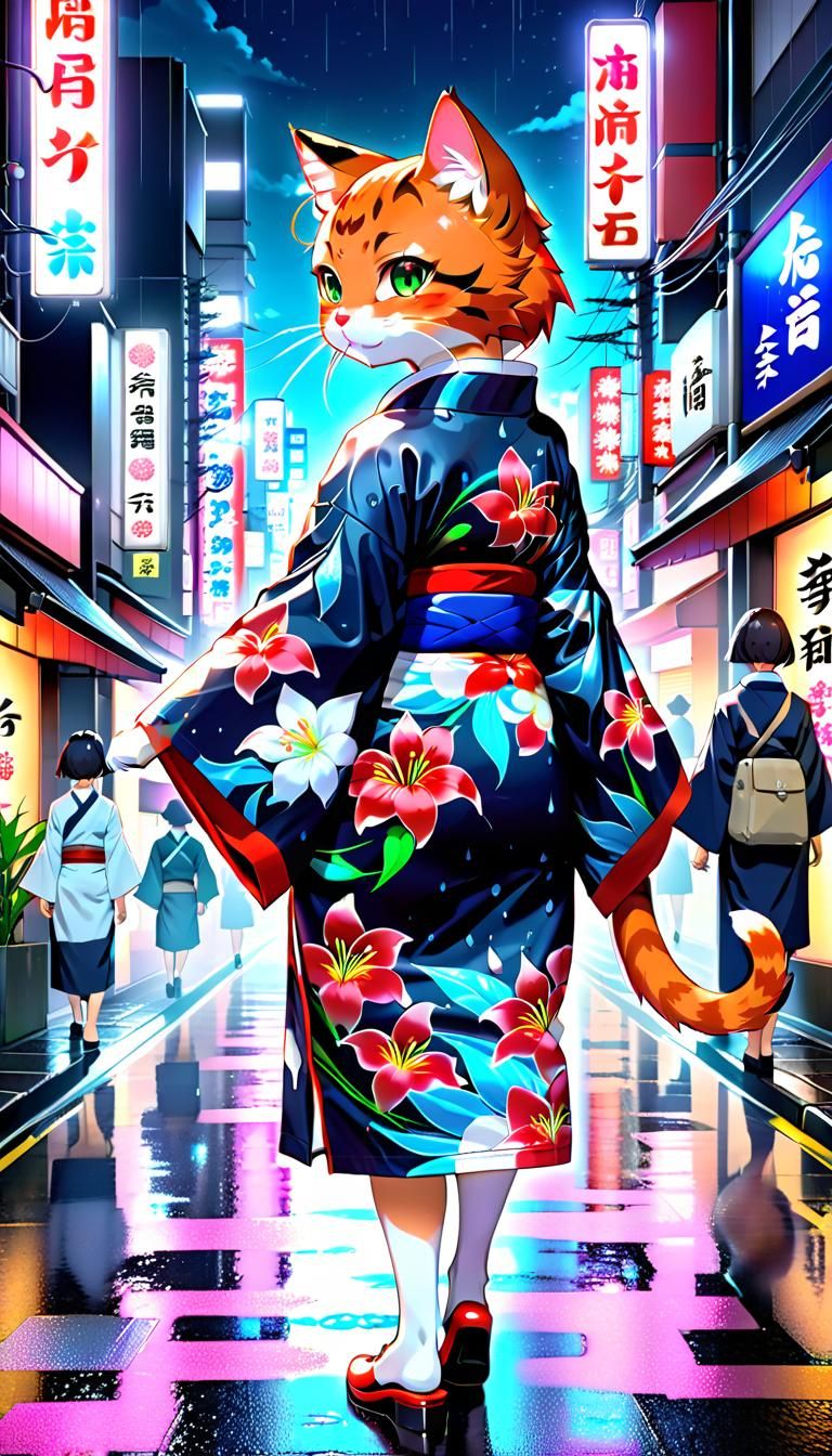Neon Shibuya Cat-Woman in Painterly Digital Art