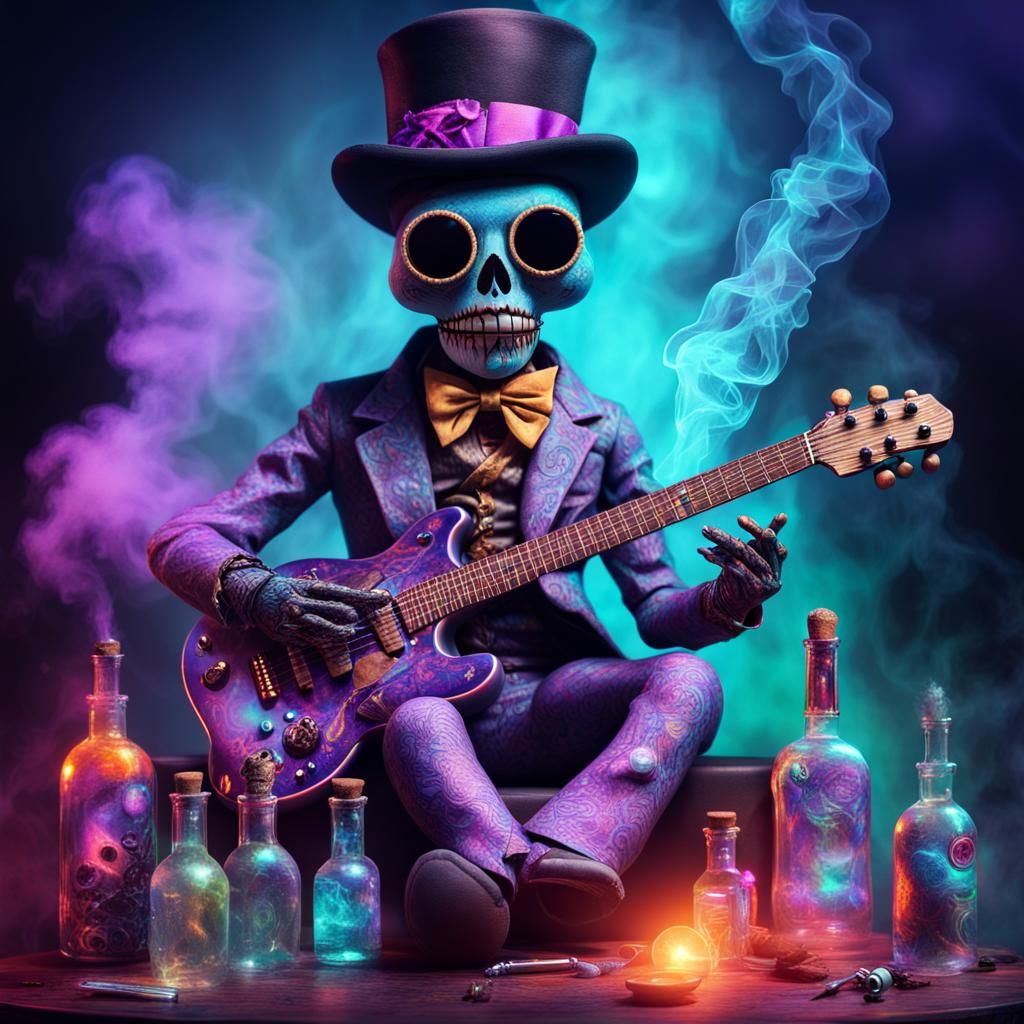 Psychedelic Voodoo Doll Guitarist in Cosmic Art Style