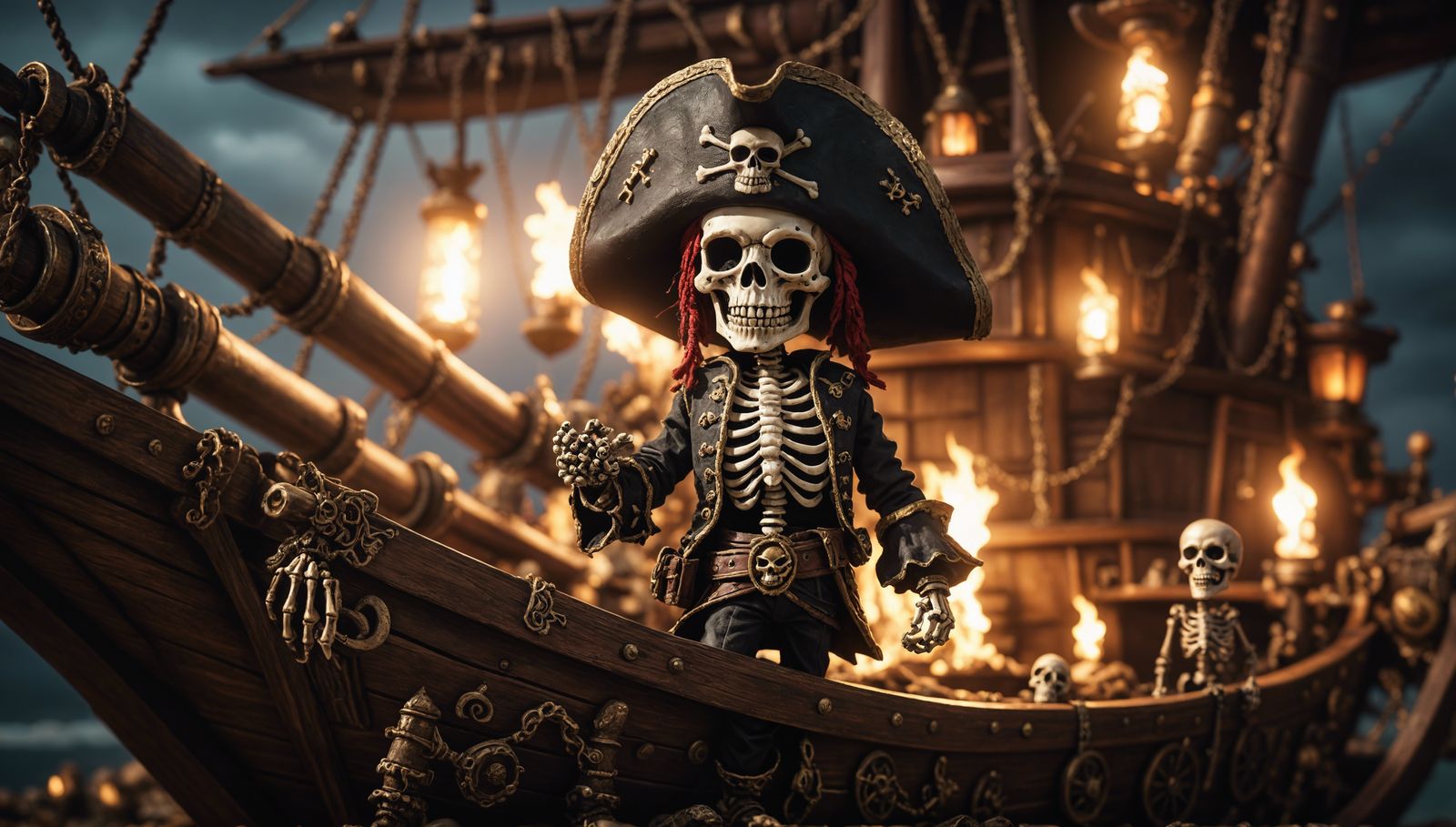 Smiling Chibi Skeleton Pirate on Ship