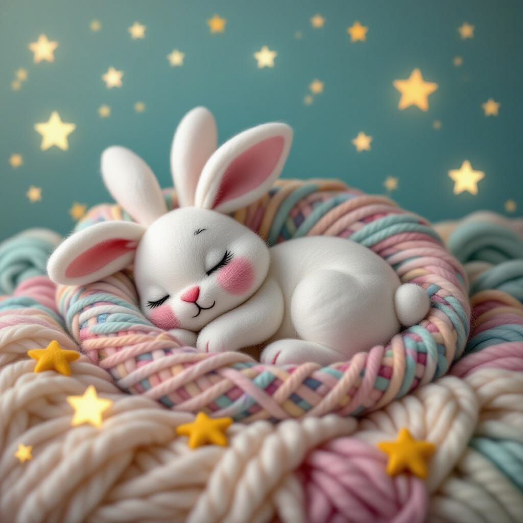 Needle-Felted Bunny Asleep Among Sparkling Stars