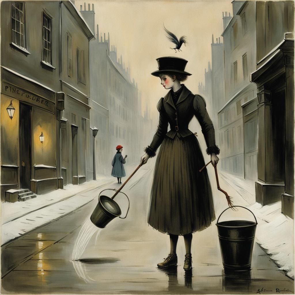 Punk Girl Kicking Bucket: Surrealist Street Scene