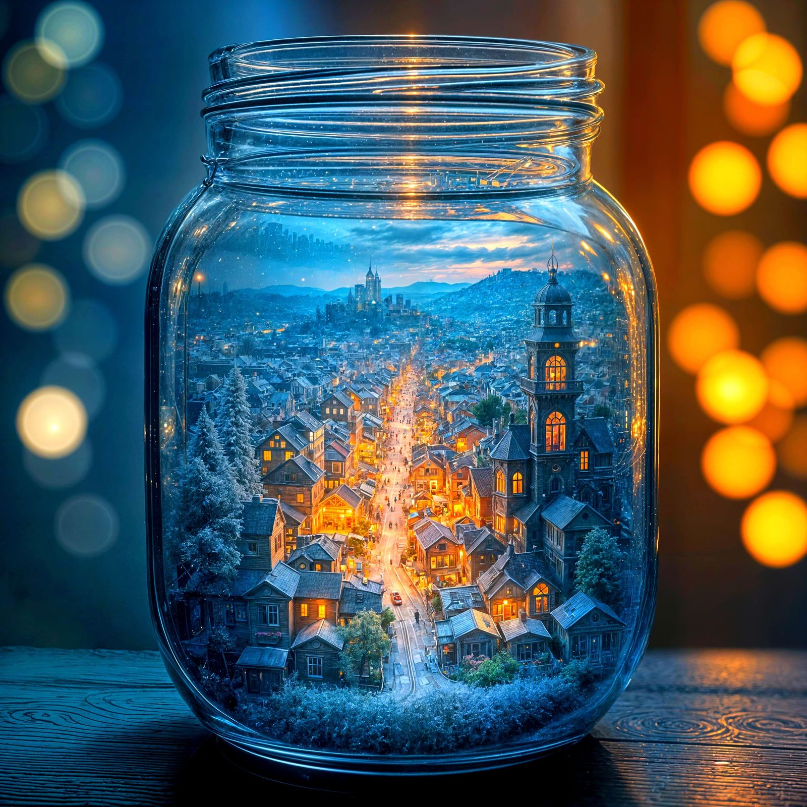 Miniature Cityscape Inside a Jar with Shifting Seasons